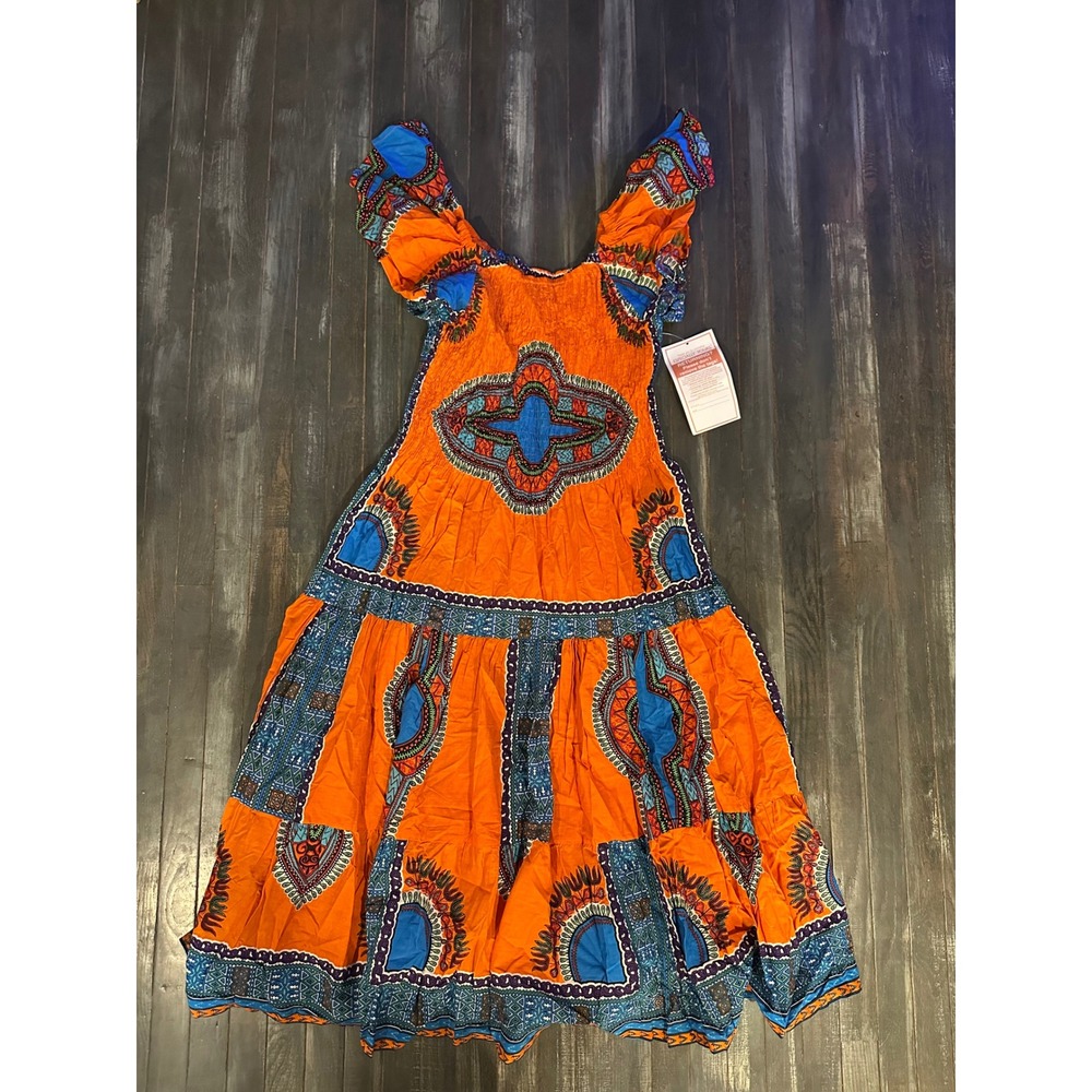 Studio Ey Print Off Shoulder Smocked Midi Dress Orange Blue Boho Tiered New
